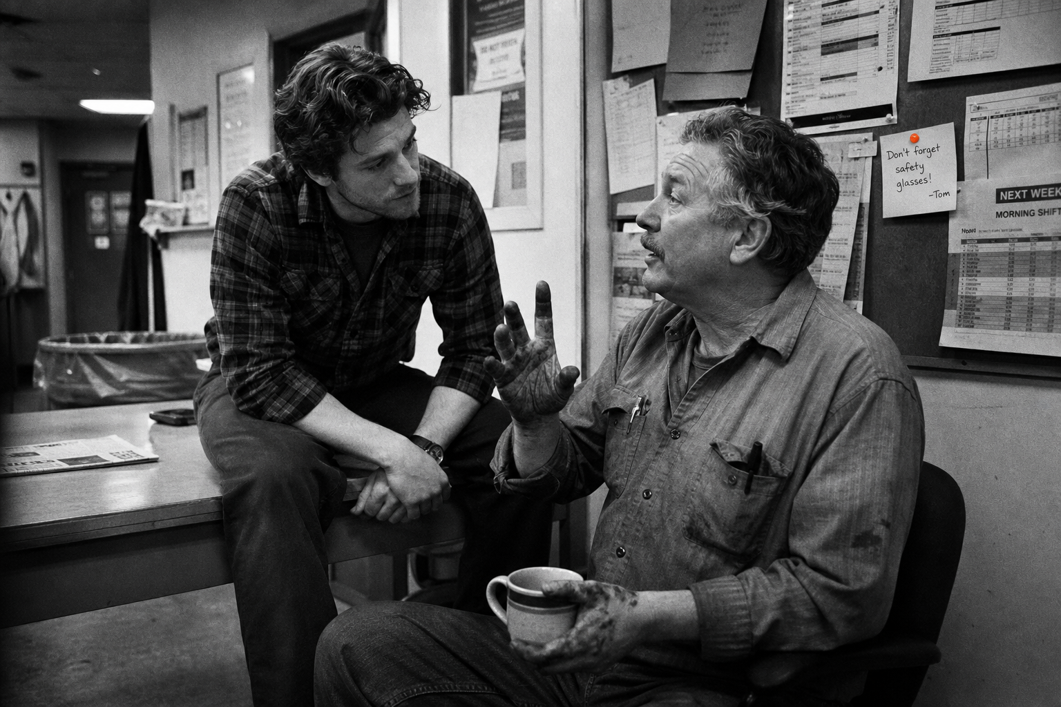 A manager and employee talk in a breakroom during a human-centered ai adoption strategy session