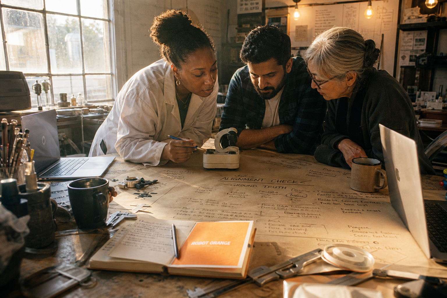 Three researchers huddle over a prototype and notes to establish ground truth for ai enterprise governance
