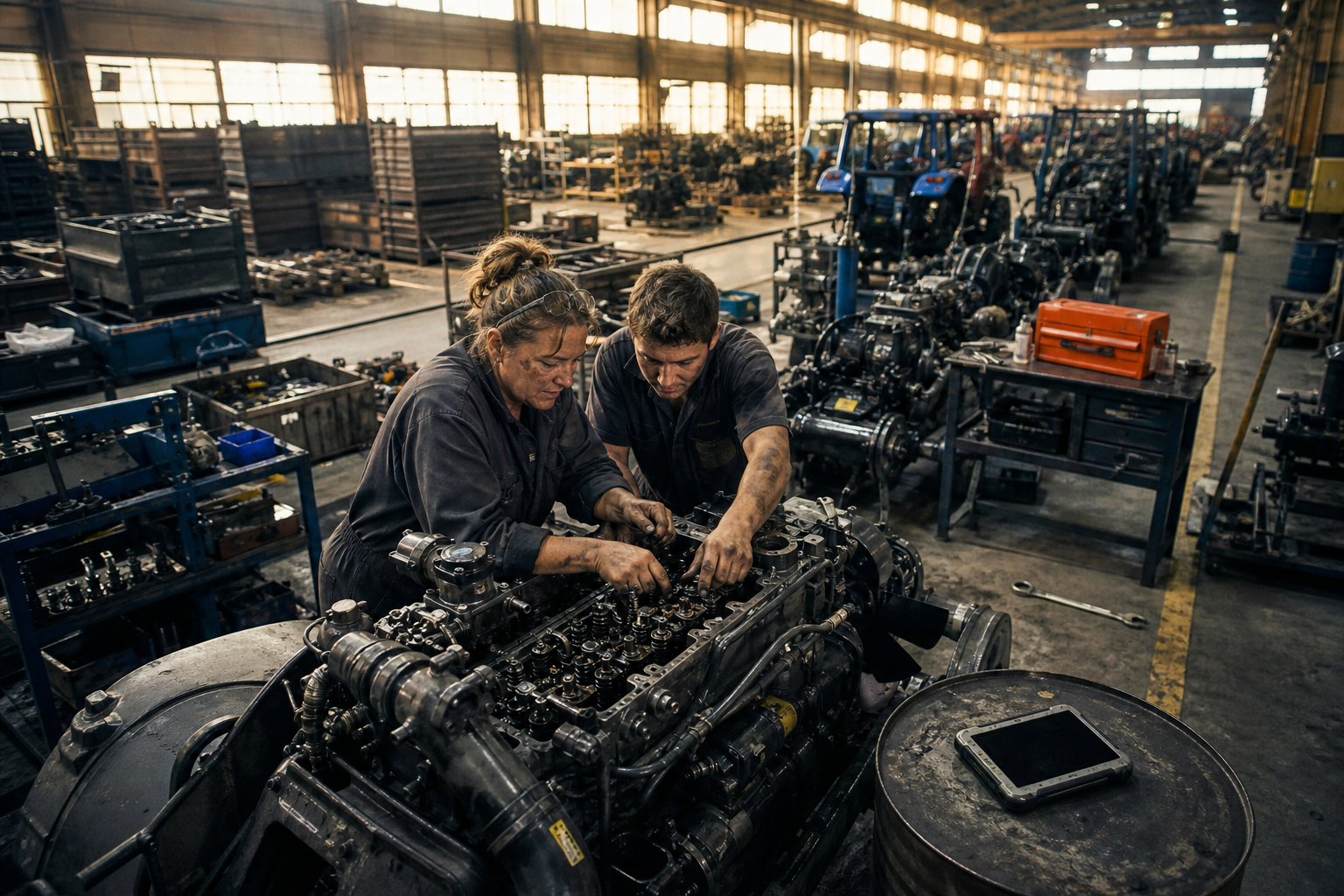 Technicians hudule over a tractor engine for ai governance business context refinement in a gritty factory setting