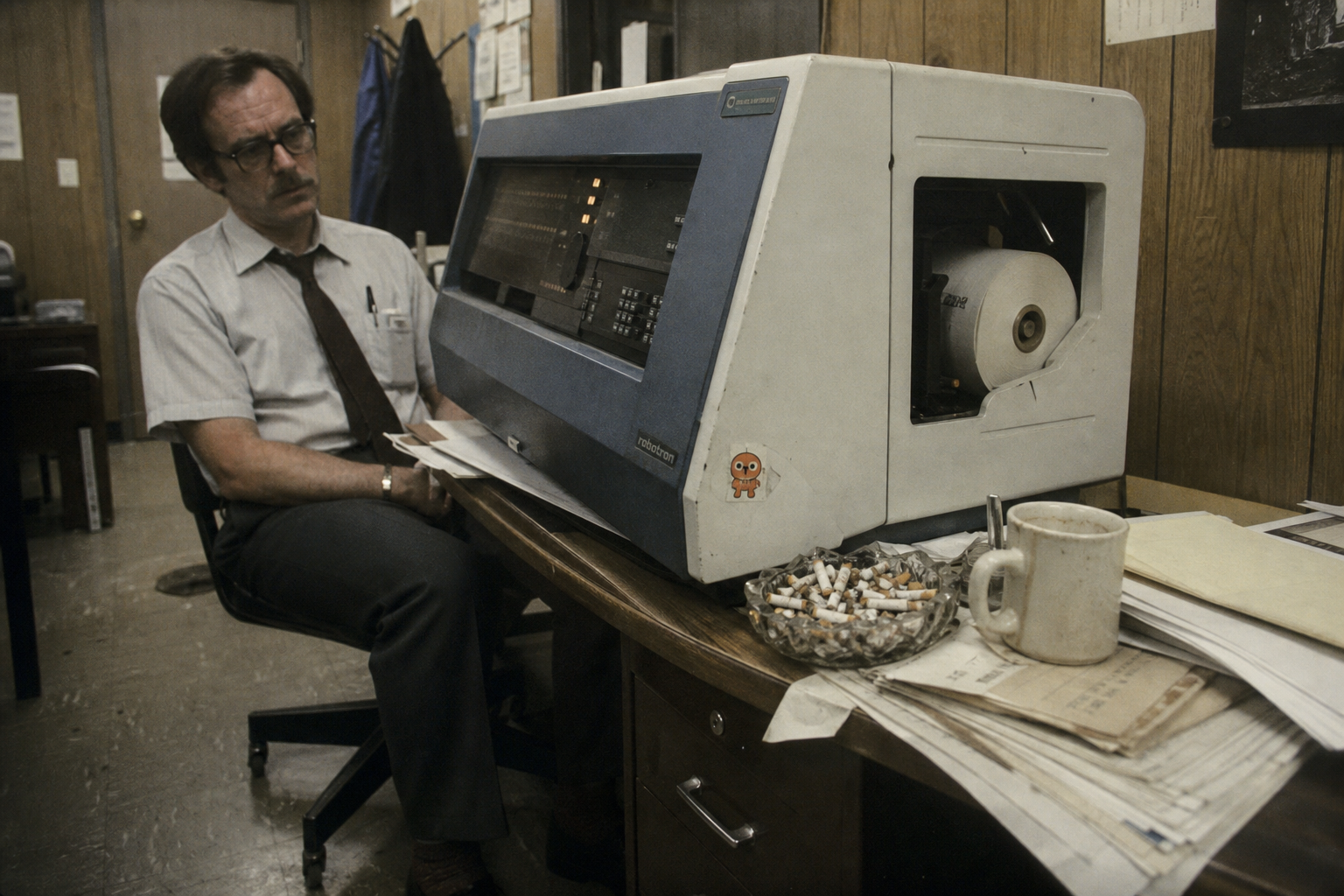 A worker looks confused as a modern robot sits on a rust-stained pedestal to update an outdated ai operating model
