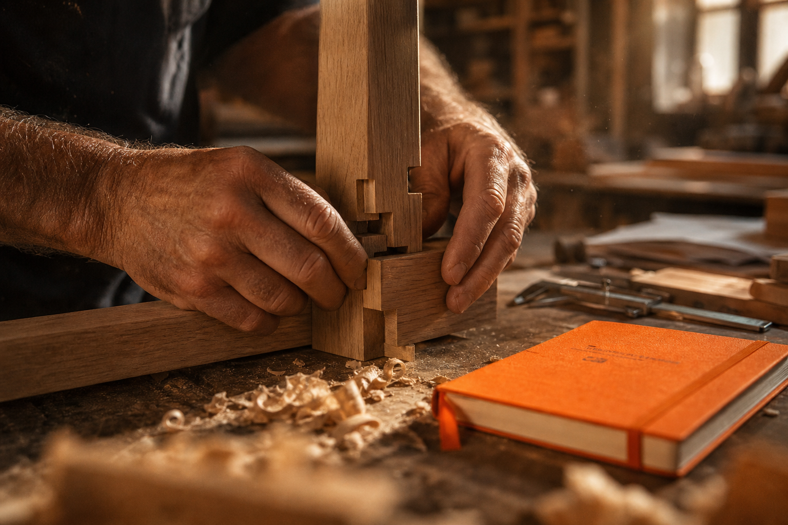 Hands threading an orange cord through wood joints in a workshop as a metaphor for the AI ROI framework